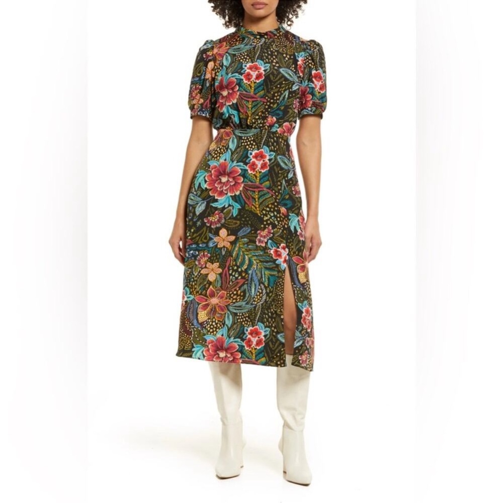 High-Neck Floral Midi Dress with Side Slit - Black Multi